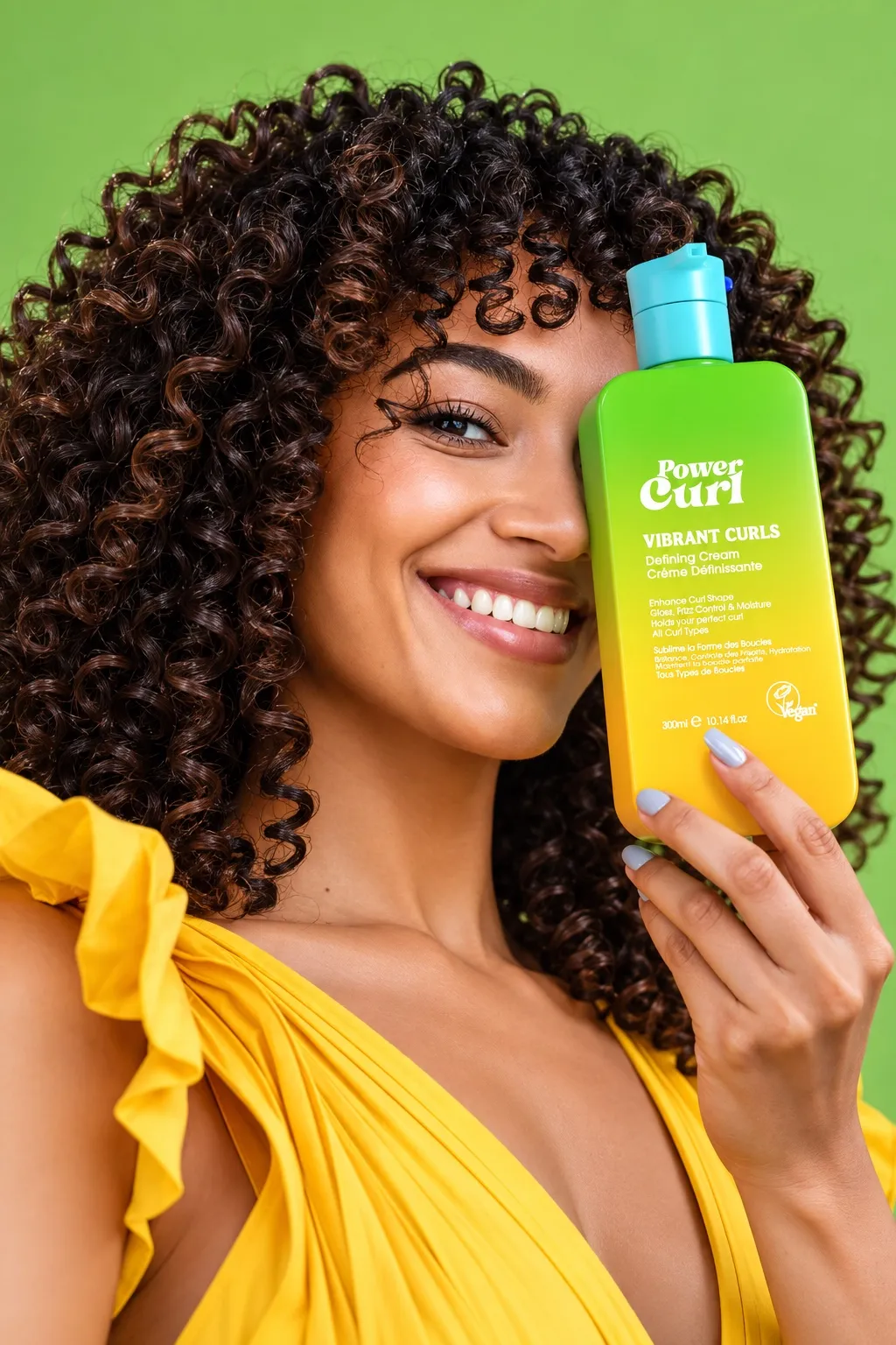 Smiling woman with curly hair holding Power Curl Vibrant Curls next to her face