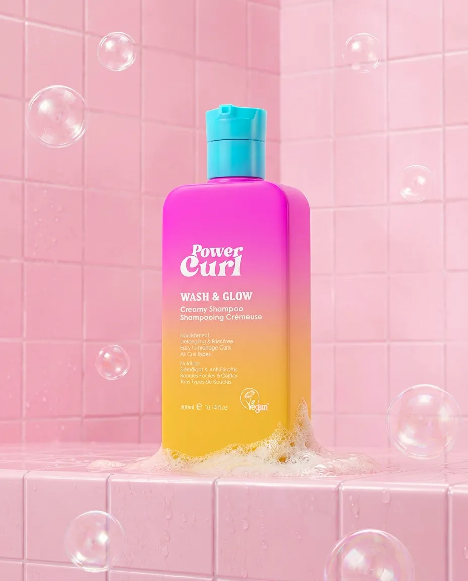 Power Curl Wash & Glow shampoo with foam on pink tiles